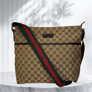 Gucci Flat Web Strap Brown Crossbody Bag with Green and Red Strap
